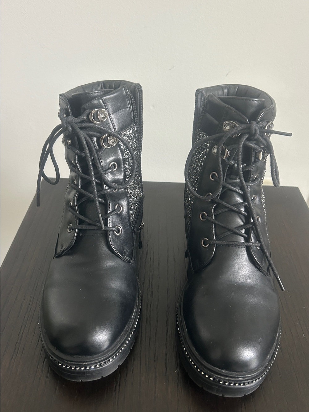 Y2K Grunge Black Glitter Moto Boots Platform Chunky Sz 37 (6.5/7)